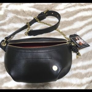 Modern + Chic Black Leather Crossbody Belt Bag with Gold Chain